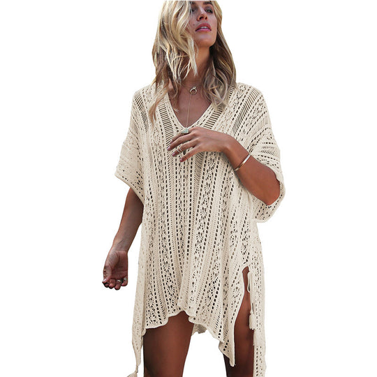 Damen lässiger Häkel-Kaftan mit stilvollem V-Ausschnitt EB