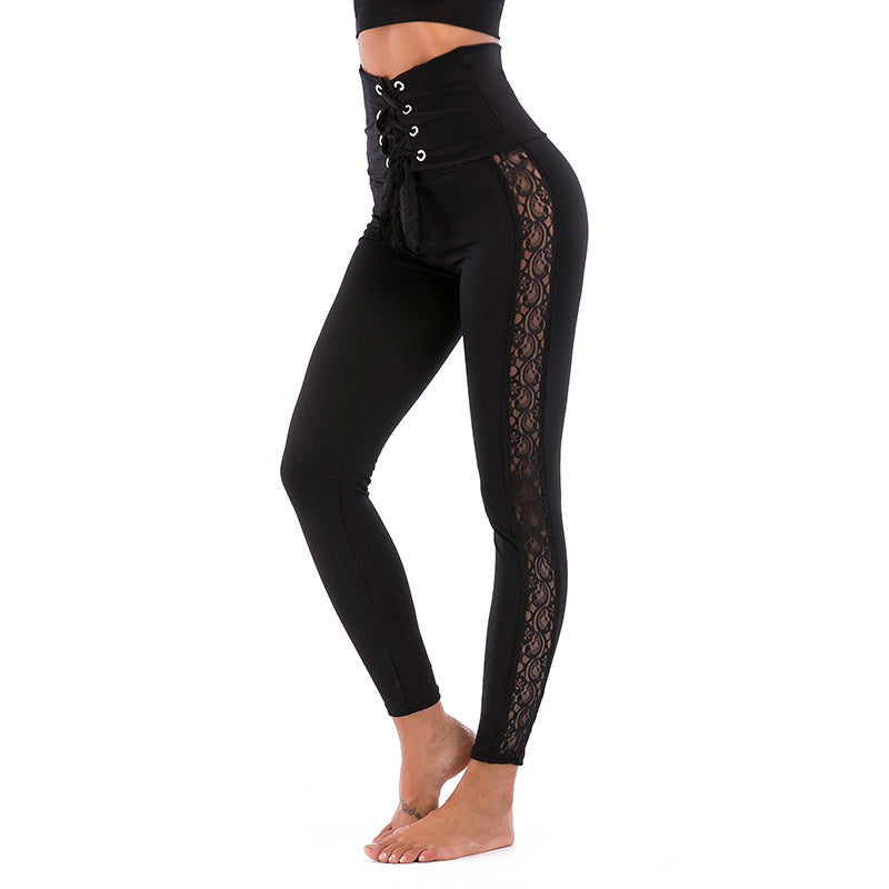 Damen Sportliche High-Waist Leggings mit verstellbarem Kordelzug und transparenten Einsätzen EB
