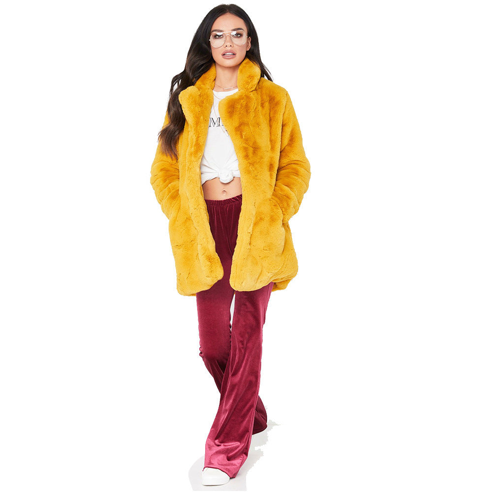 Damen Flauschige Langjacke aus Kunstpelz mit Kapuze EB