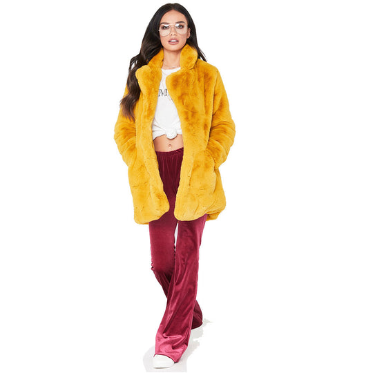 Damen Flauschige Langjacke aus Kunstpelz mit Kapuze EB