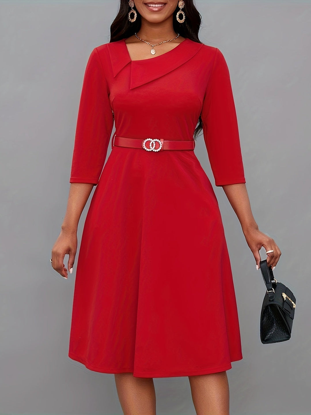 EB | Einfarbige Asymmetrische Halsgürtel 3/4 Ärmel Festliches Kleid Für Frauen - Ideal Für Alle Jahreszeiten