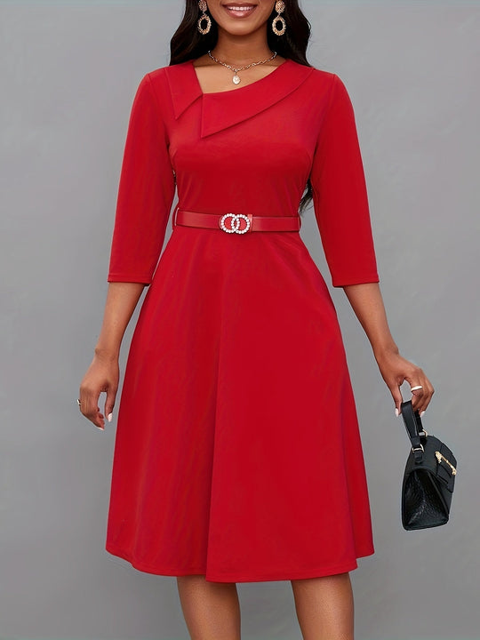 EB | Einfarbige Asymmetrische Halsgürtel 3/4 Ärmel Festliches Kleid Für Frauen - Ideal Für Alle Jahreszeiten