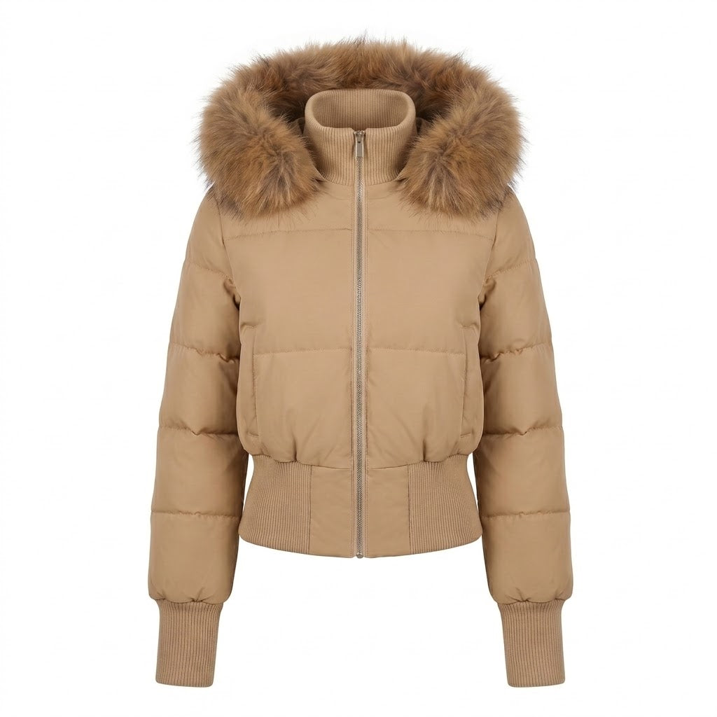 Damen nan kurzer wattierter Kapuzenpuffer mit voluminöser Kunstfellblende, Rippbündchen und wärmender Thermofüllung EB