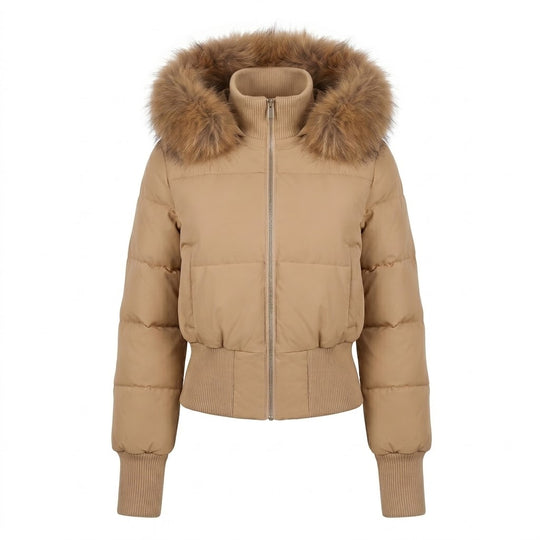 Damen nan kurzer wattierter Kapuzenpuffer mit voluminöser Kunstfellblende, Rippbündchen und wärmender Thermofüllung EB
