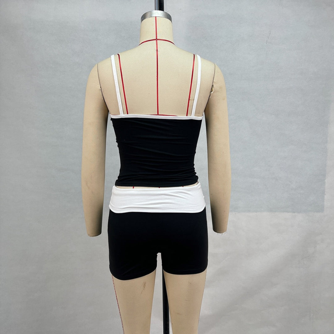 EB | Hosenträger Nabel Kontrast Top Niedrige Taille Shorts Set