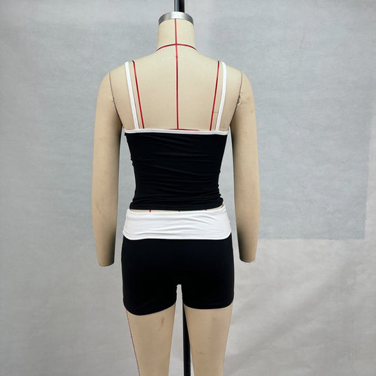 EB | Hosenträger Nabel Kontrast Top Niedrige Taille Shorts Set