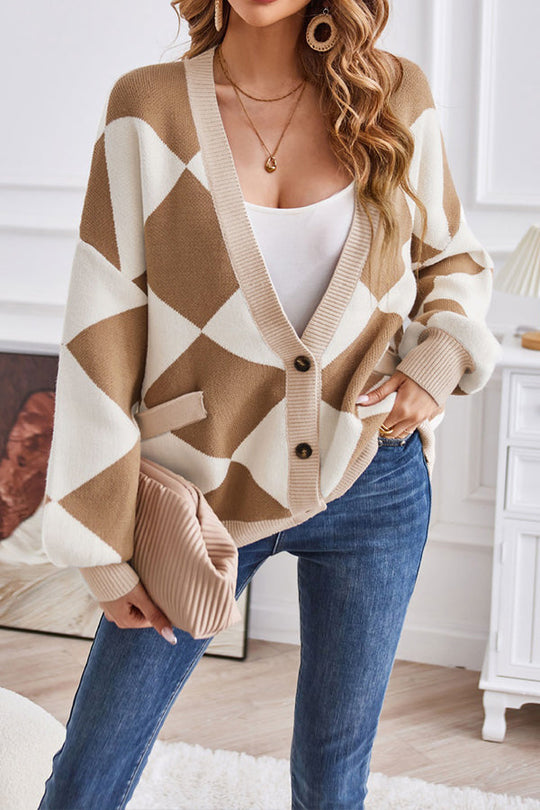EB | Hals geometrisches Patchwork kontrastierender Strickcardigan lässige lockere Jacke