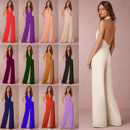 Damen eleganter Jumpsuit mit tiefem V-Ausschnitt und weiterbeiniger Silhouette EB