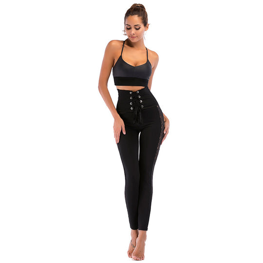 Damen Sportliche High-Waist Leggings mit verstellbarem Kordelzug und transparenten Einsätzen EB
