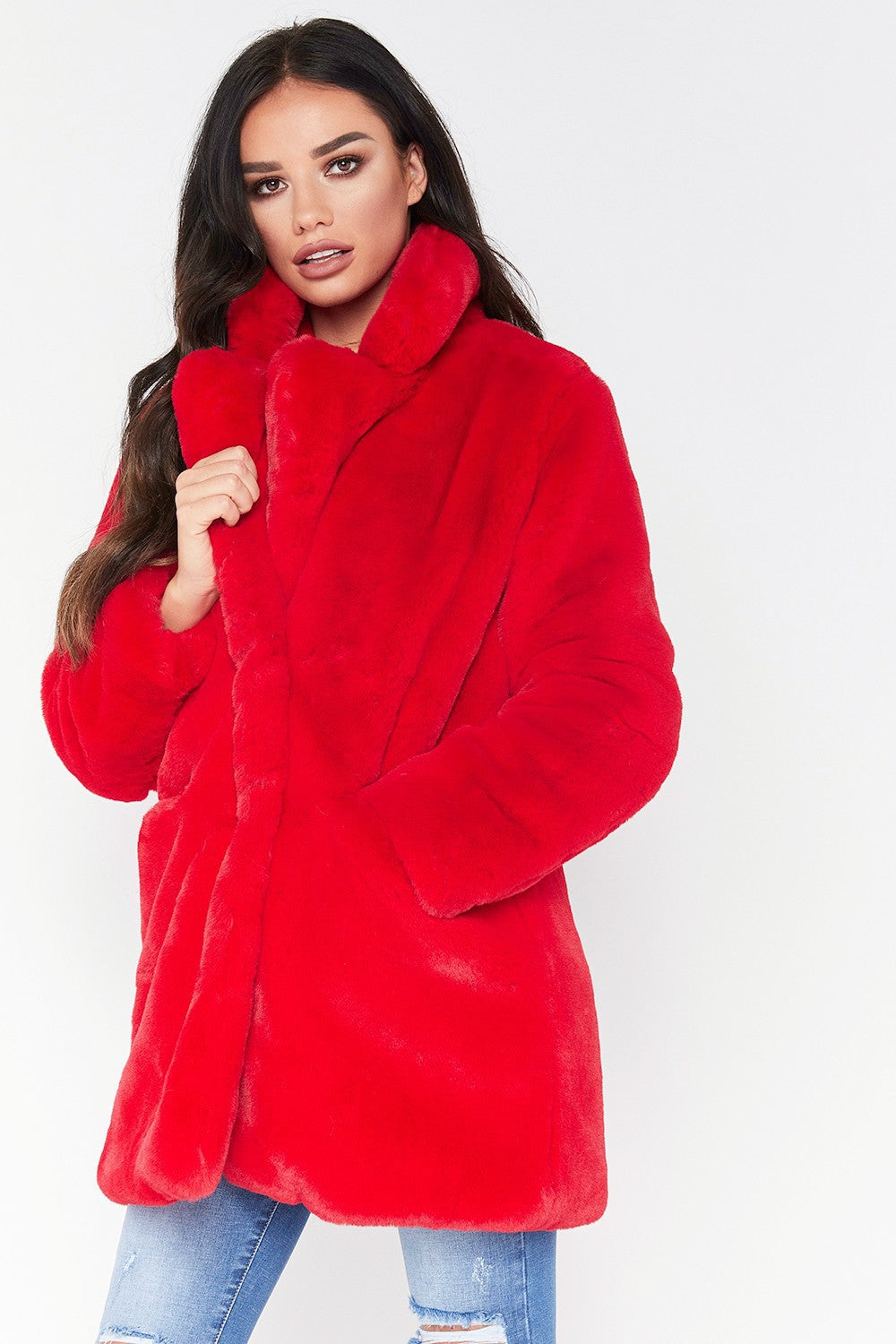 Damen Flauschige Langjacke aus Kunstpelz mit Kapuze EB