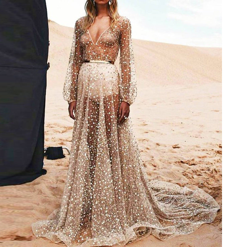 Damen Hochwertiges Abendkleid mit funkelnden Pailletten und transparentem Stoff EB