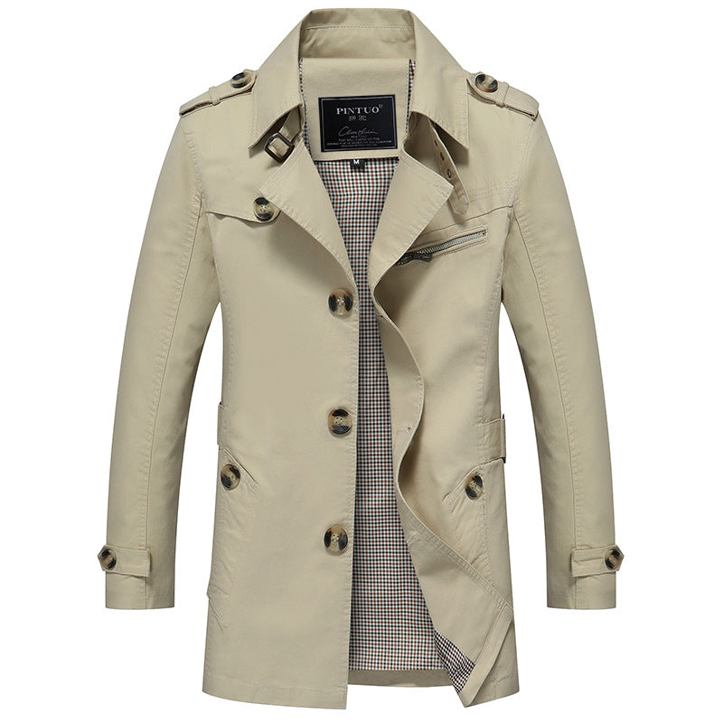 Herren leichter Baumwoll-Trenchcoat mit Reverskragen, Schulterklappen, kontrastierter Innenfütterung und verdeckter Knopfleiste EB