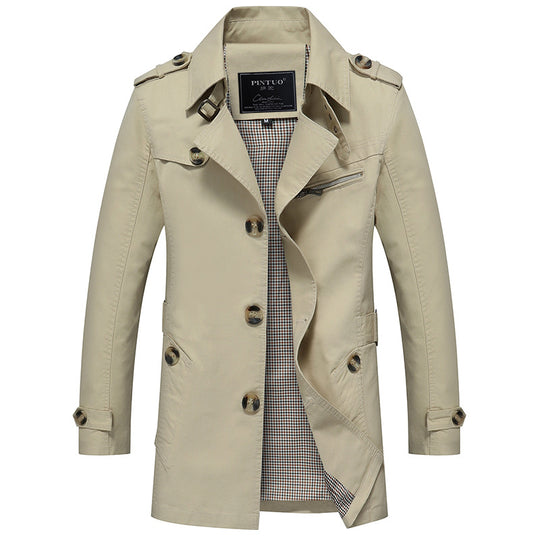 Herren leichter Baumwoll-Trenchcoat mit Reverskragen, Schulterklappen, kontrastierter Innenfütterung und verdeckter Knopfleiste EB