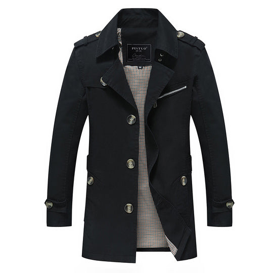 Herren leichter Baumwoll-Trenchcoat mit Reverskragen, Schulterklappen, kontrastierter Innenfütterung und verdeckter Knopfleiste EB