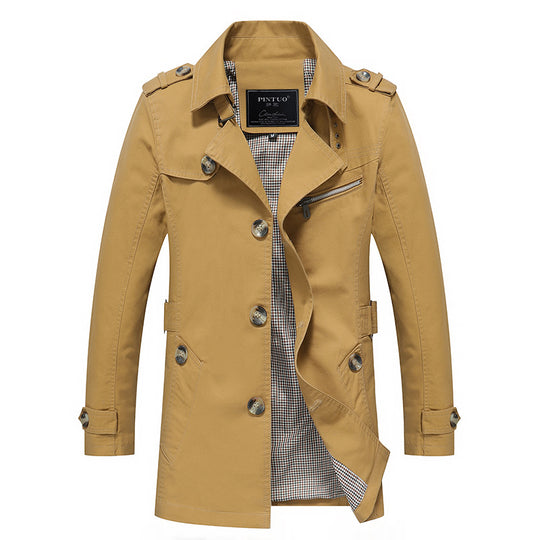 Herren leichter Baumwoll-Trenchcoat mit Reverskragen, Schulterklappen, kontrastierter Innenfütterung und verdeckter Knopfleiste EB