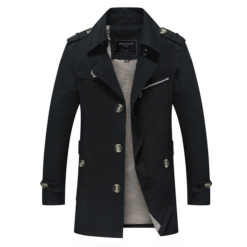 Herren leichter Baumwoll-Trenchcoat mit Reverskragen, Schulterklappen, kontrastierter Innenfütterung und verdeckter Knopfleiste EB