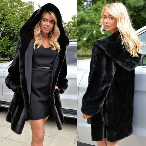 Damen Eleganter Kunstpelzmantel mit tiefem Kapuzenkragen und seitlichen Taschen EB