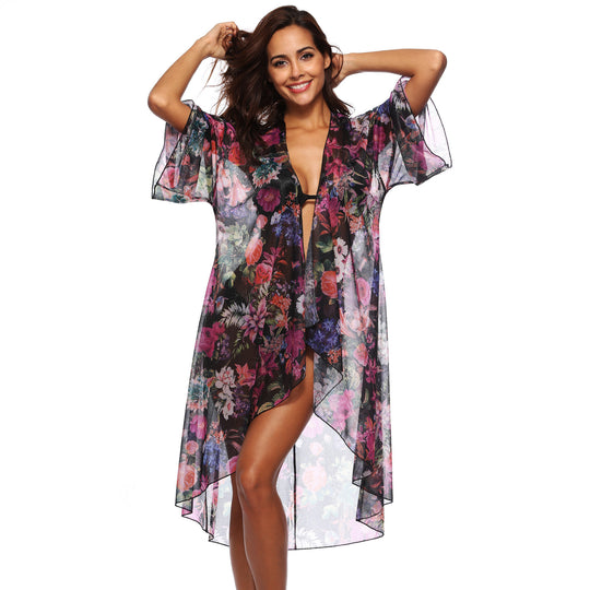Damen luftiger Strandkimono mit floralem Design EB