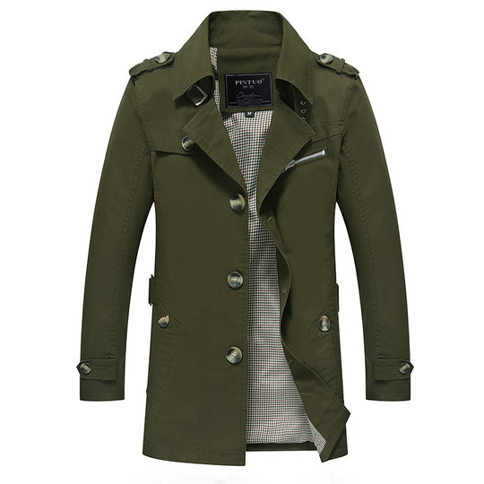 Herren leichter Baumwoll-Trenchcoat mit Reverskragen, Schulterklappen, kontrastierter Innenfütterung und verdeckter Knopfleiste EB