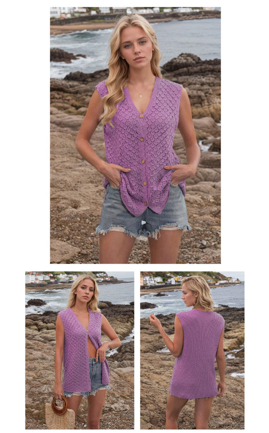 EB | V-Ausschnitt Knopf ärmellose Weste Strickpullover