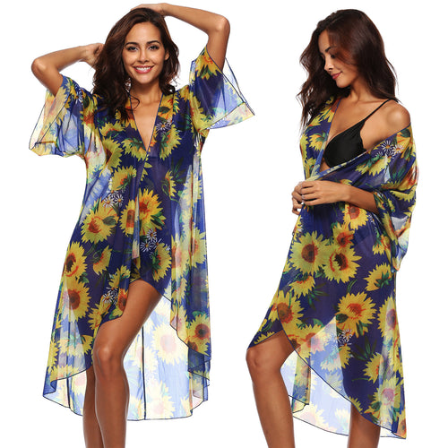 Damen luftiger Strandkimono mit floralen Mustern EB
