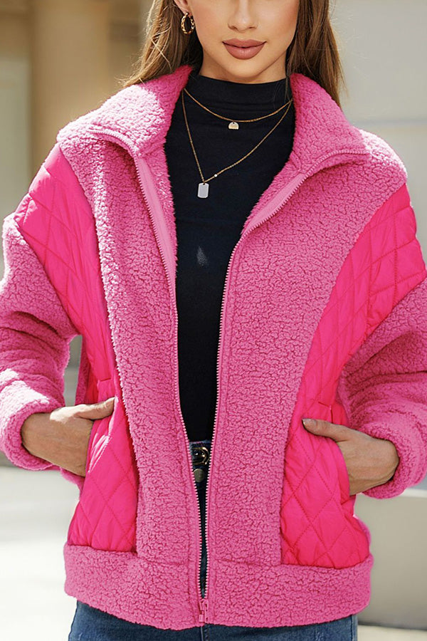 EB | Langarm-Cardigan mit Reißverschluss aus Plüsch-Patchwork Damenjacke