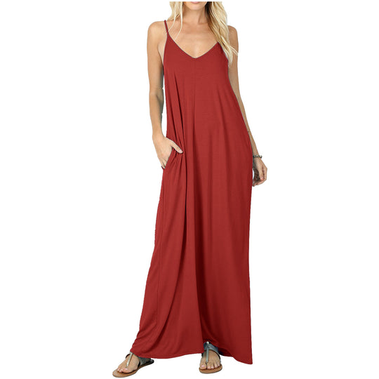 Damen Maxikleid mit verstellbaren Trägern und bequemen Seitentaschen EB