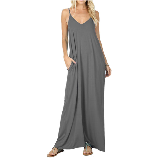 Damen Maxikleid mit verstellbaren Trägern und bequemen Seitentaschen EB