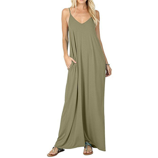 Damen Maxikleid mit verstellbaren Trägern und seitlichen Taschen EB