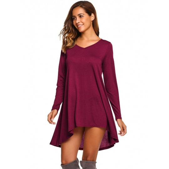 Damen lässiges V-Ausschnitt Kleid mit asymmetrischem Schnitt und langen Ärmeln EB