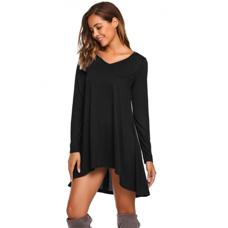 Damen lässiges V-Ausschnitt Kleid mit asymmetrischem Schnitt und langen Ärmeln EB