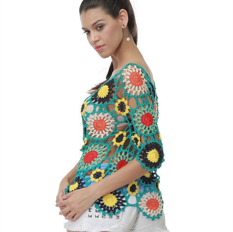 Damen Häkeloberteil mit buntem Floral-Design EB