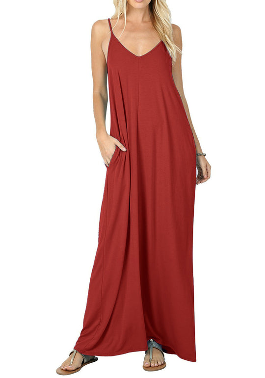 Damen Maxikleid mit verstellbaren Trägern und bequemen Seitentaschen EB