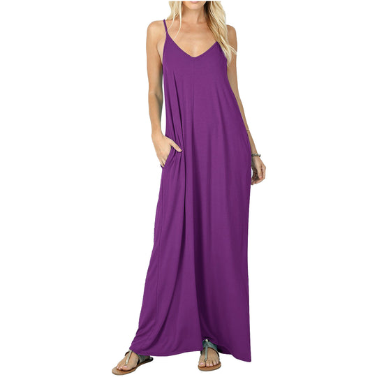 Damen Maxikleid mit verstellbaren Trägern und bequemen Seitentaschen EB