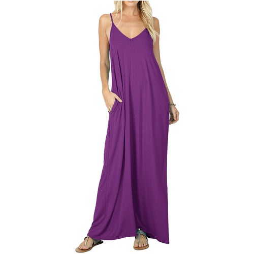 Damen Maxikleid mit verstellbaren Trägern und bequemen Seitentaschen EB
