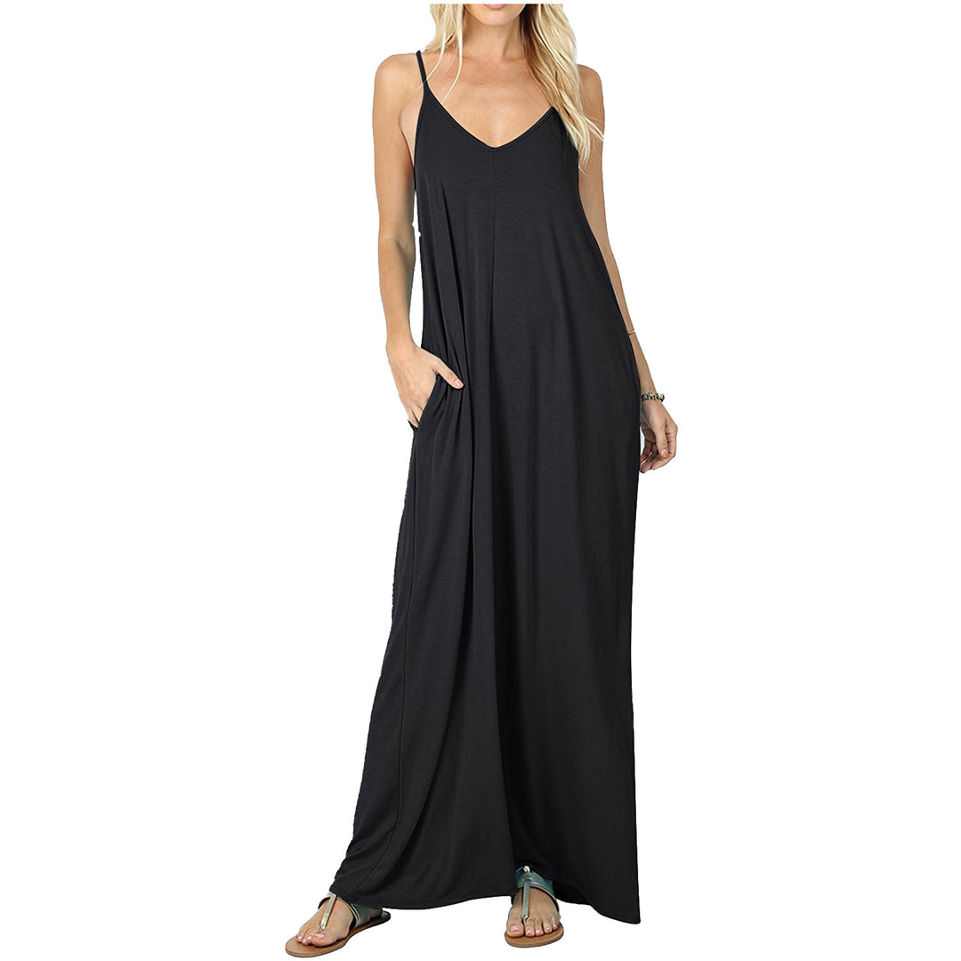 Damen Maxikleid mit verstellbaren Trägern und bequemen Seitentaschen EB