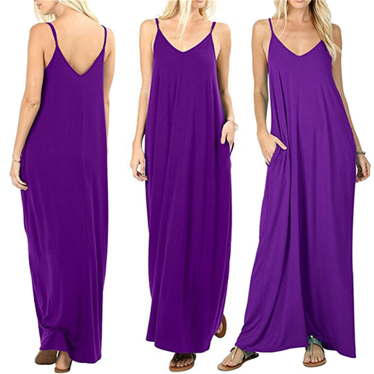 Damen Maxikleid mit verstellbaren Trägern und seitlichen Taschen EB