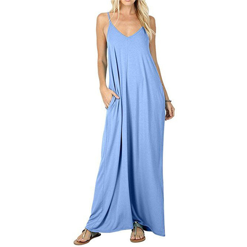 Damen Maxikleid mit verstellbaren Trägern und seitlichen Taschen EB