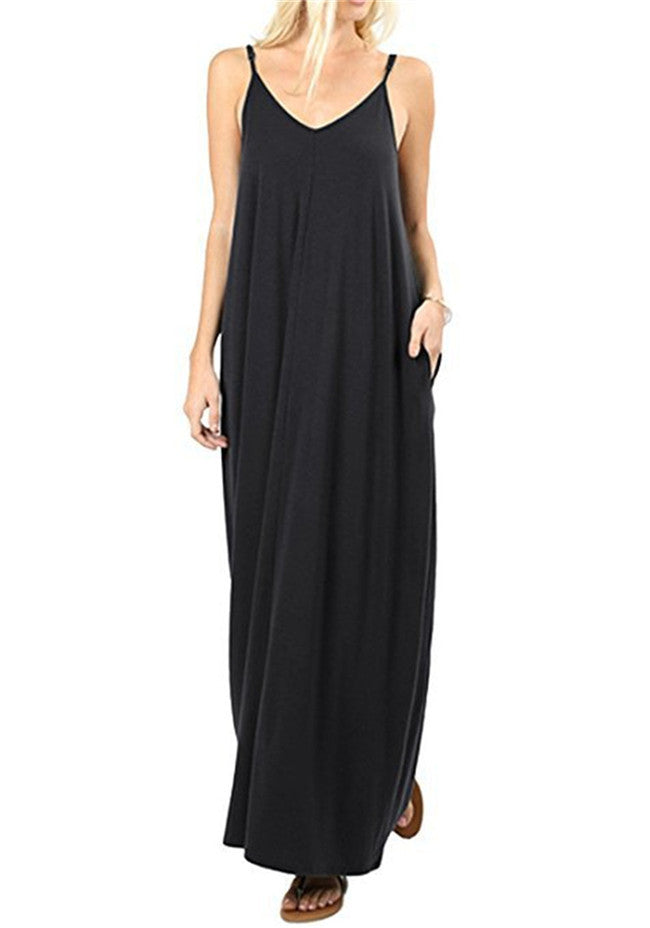 Damen Maxikleid mit verstellbaren Trägern und seitlichen Taschen EB