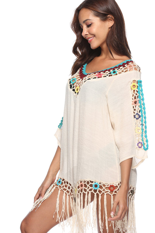 Damen Elegante Häkel-Strandtunika mit fransigen Details und bunten Applikationen EB