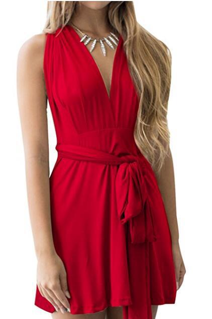 Damen Wickelkleid mit tiefem V-Ausschnitt und verstellbarem Taillengürtel EB