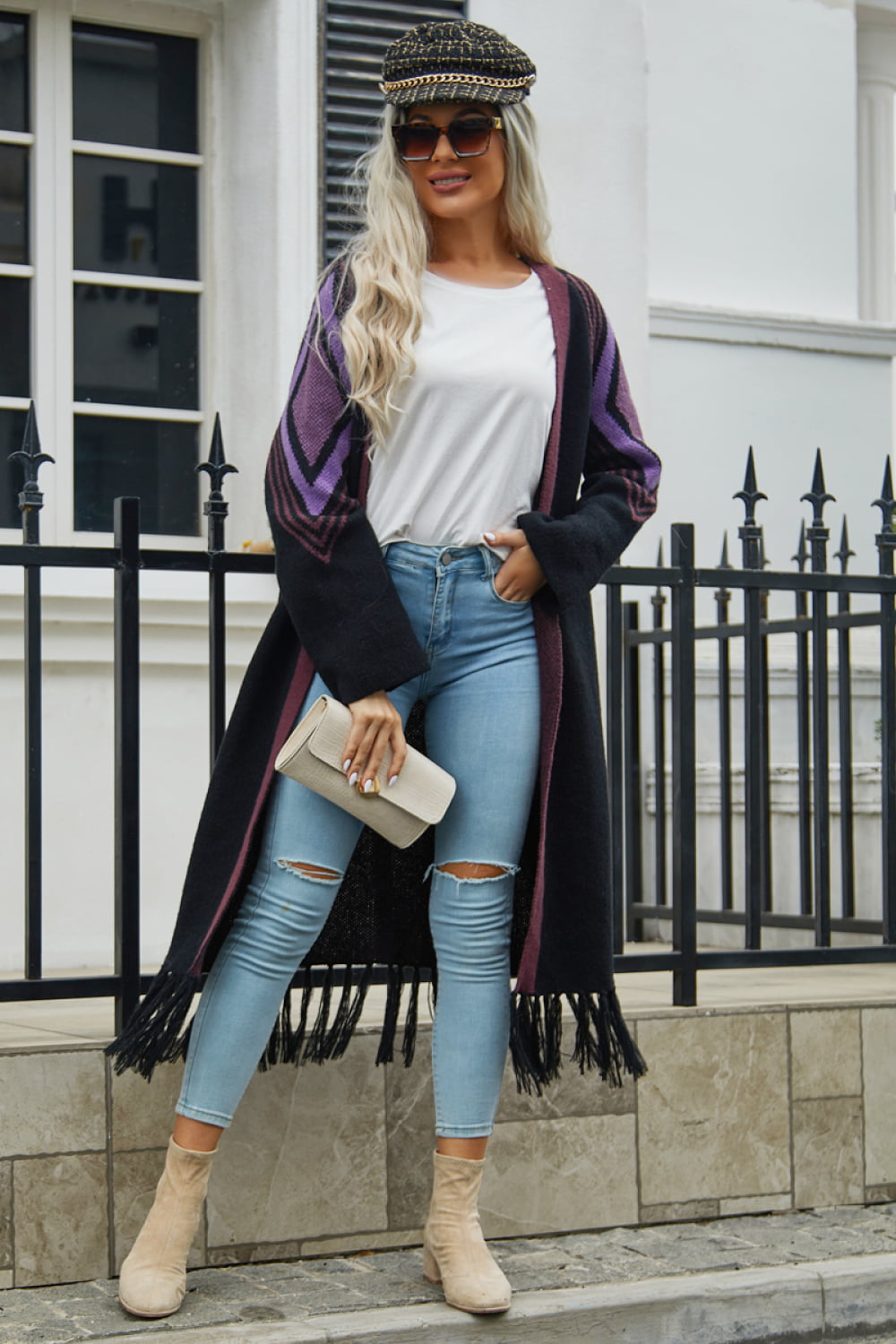 EB | Geometric Fringe Hem Offene Front Duster Cardigan