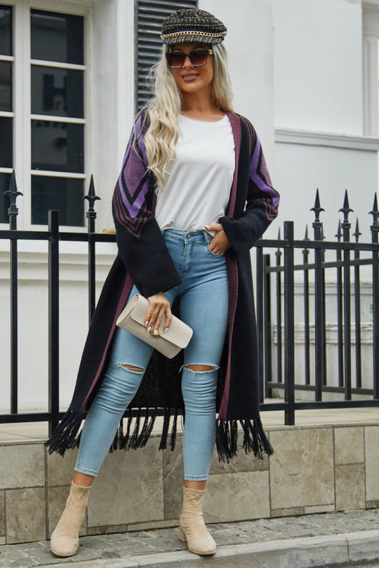 EB | Geometric Fringe Hem Offene Front Duster Cardigan