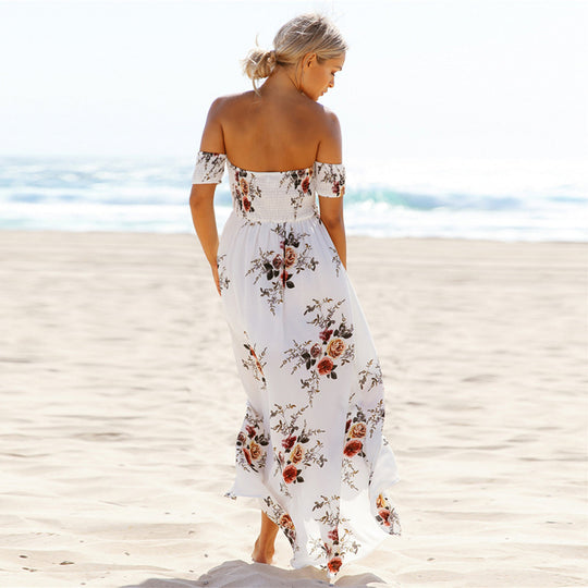 Damen Off-Shoulder Strandkleid mit floralem Muster und fließendem Schnitt EB