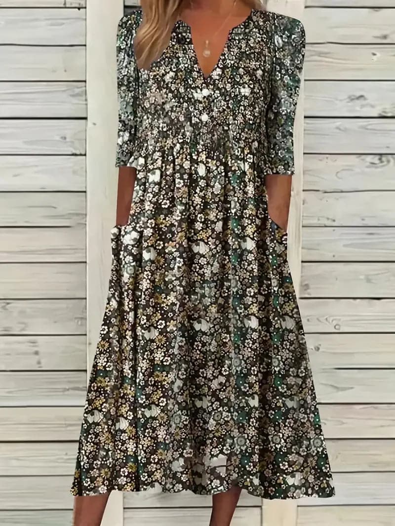 EB | Midikleid A-Linie Passform V-Ausschnitt 3/4 Ärmel Blumenmuster