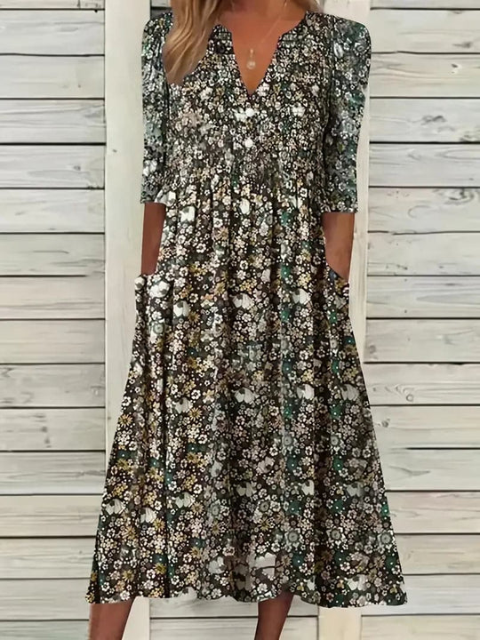 EB | Midikleid A-Linie Passform V-Ausschnitt 3/4 Ärmel Blumenmuster
