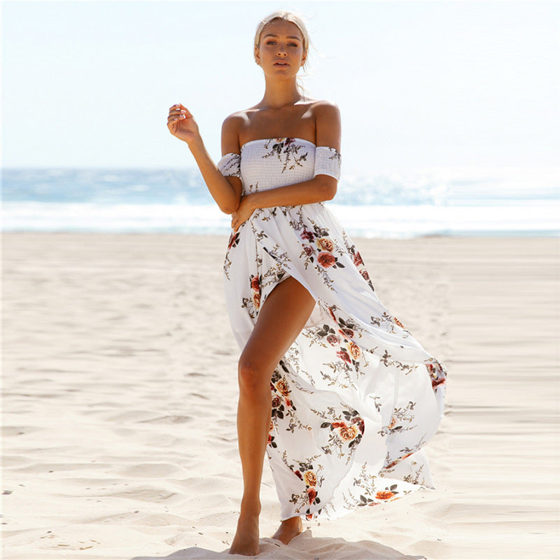 Damen Off-Shoulder Strandkleid mit floralem Muster und fließendem Schnitt EB