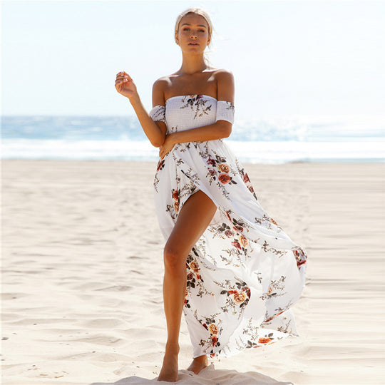 Damen Off-Shoulder Strandkleid mit floralem Muster und fließendem Schnitt EB