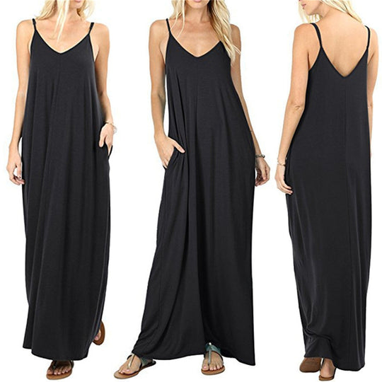 Damen Maxikleid mit verstellbaren Trägern und seitlichen Taschen EB
