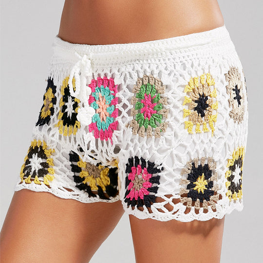Damen Häkel-Strandshorts mit buntem Blumenmuster EB